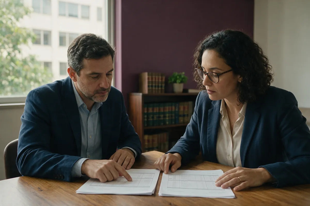 Dois profissionais sentados a uma mesa comparando relatórios de despesa impressos, um deles apontando uma linha na página