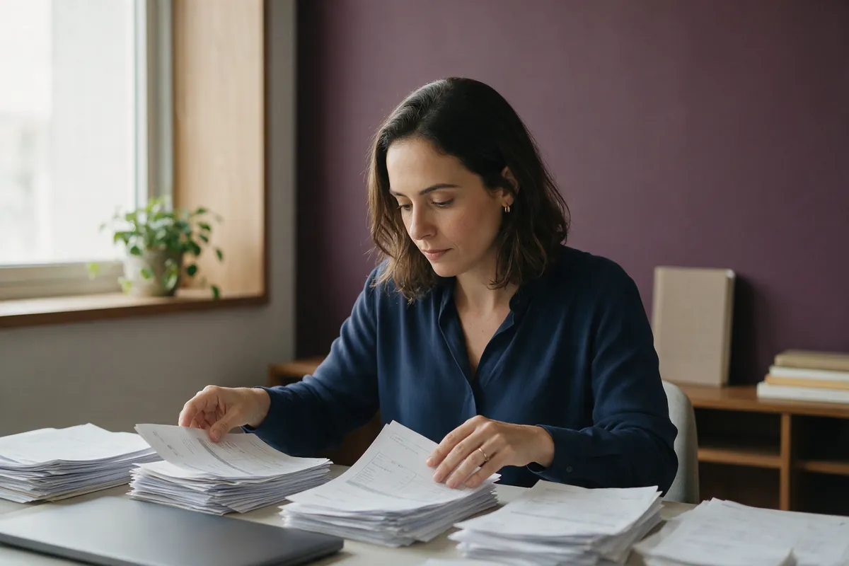 Profissional do financeiro organizando notas fiscais impressas em pilhas sobre a mesa, ao lado de um notebook fechado