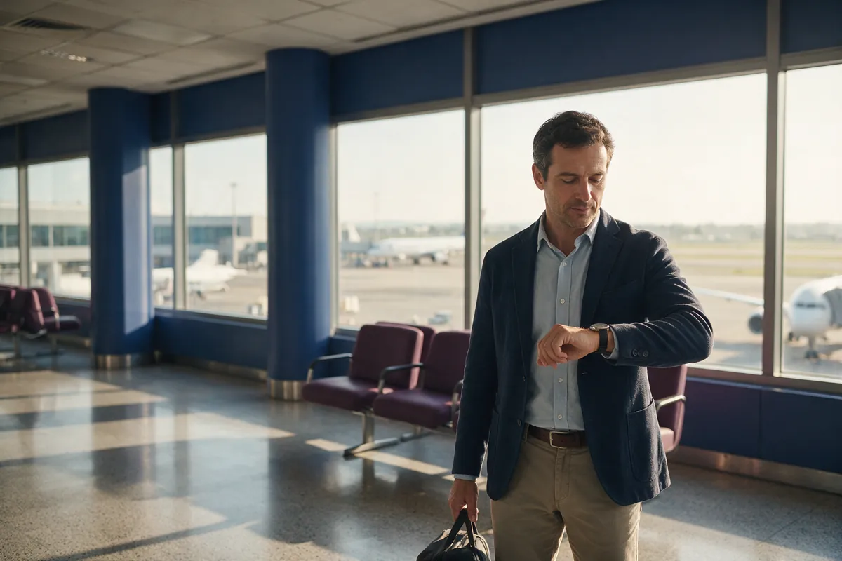 Profissional conferindo o relógio no saguão do aeroporto, com bagagem de mão, tendo chegado com antecedência