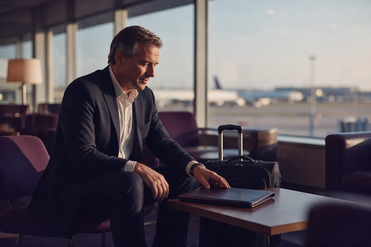 Executivo aguardando em sala vip de aeroporto, com pasta fechada sobre a mesa e pista ao fundo