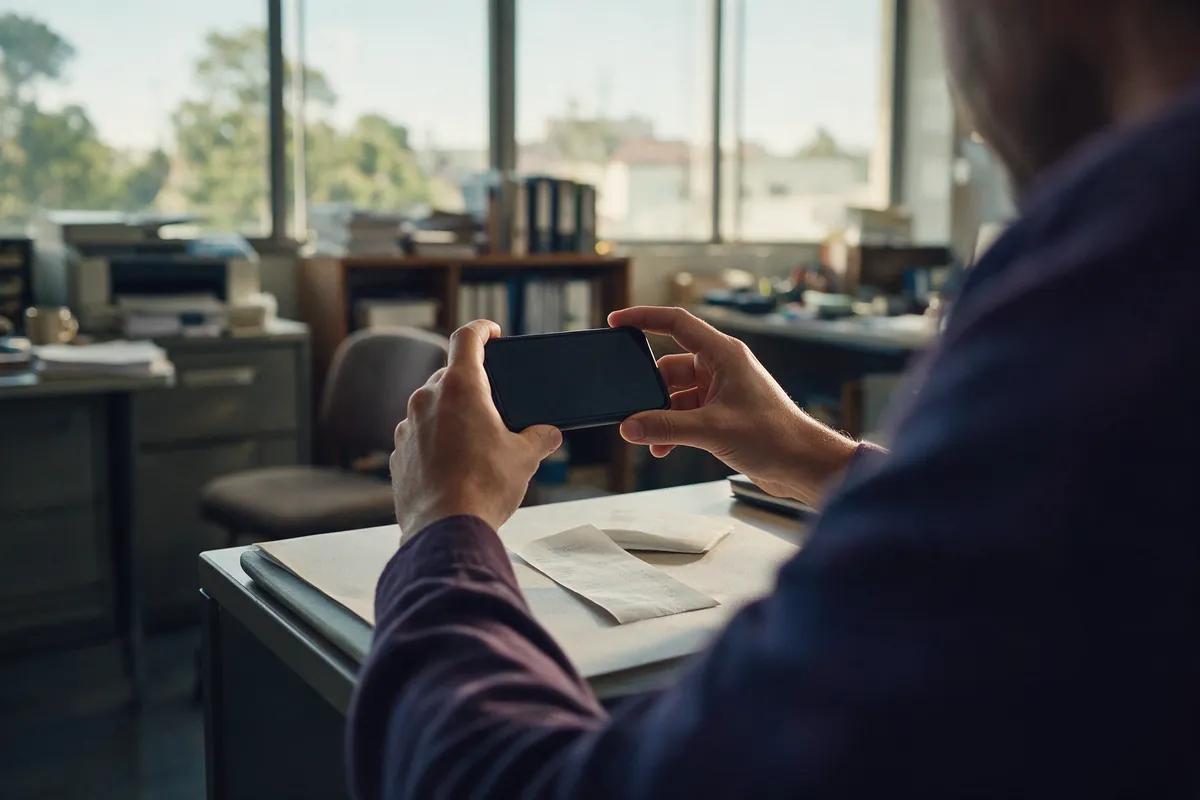 Profissional fotografando um comprovante de papel com o celular sobre a mesa de trabalho