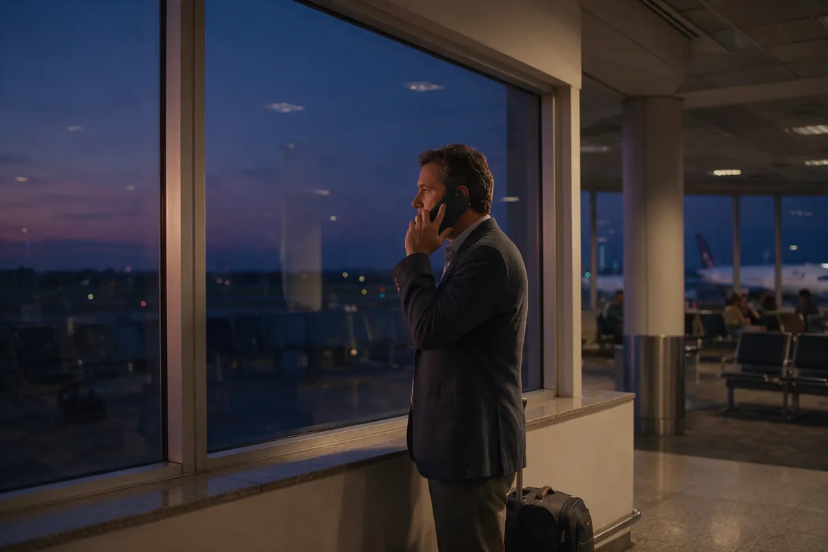 Profissional em pé diante da janela de um aeroporto ao anoitecer, falando ao telefone com a mala de mão ao lado