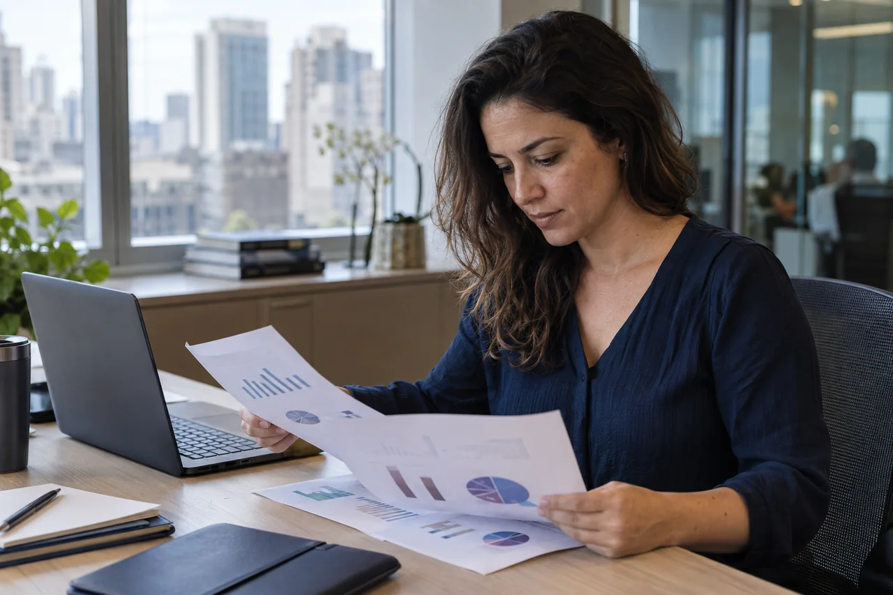 Cena ilustrativa de uma profissional financeira comparando relatórios de gastos em um escritório
