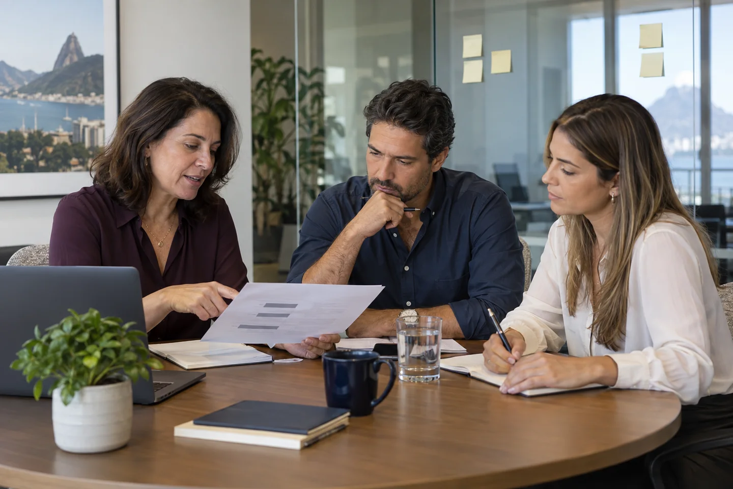 Cena ilustrativa de uma consultora e profissionais de finanças e RH alinhando responsabilidades de um plano de trabalho