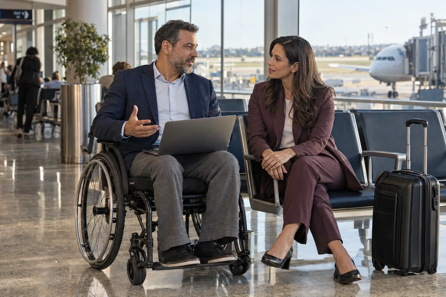 Cena ilustrativa de um profissional usuário de cadeira de rodas conversando com uma colega antes de uma viagem a trabalho