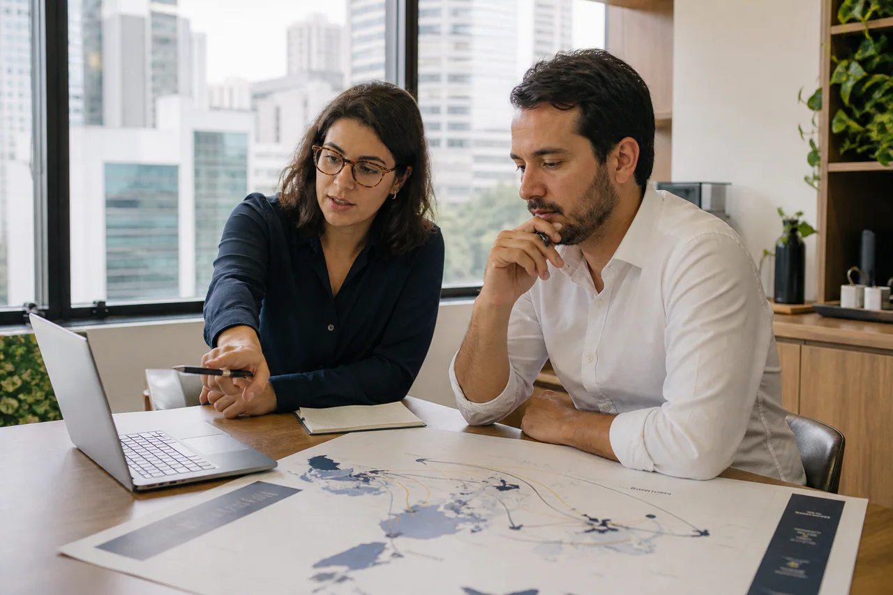 Executivos analisando indicadores ambientais e de governança relacionados a viagens corporativas