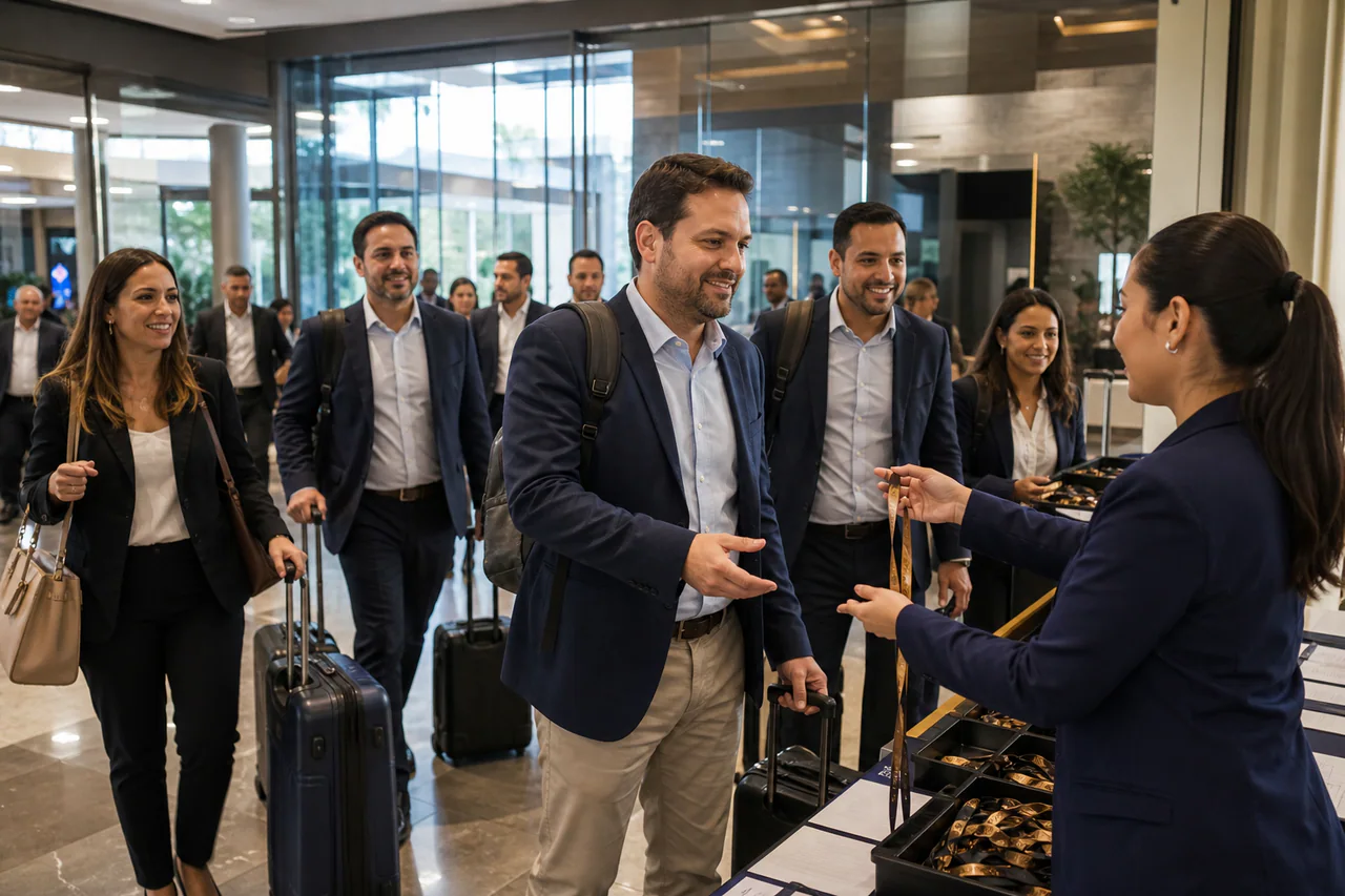 Grupo corporativo sendo orientado durante a chegada a um evento empresarial