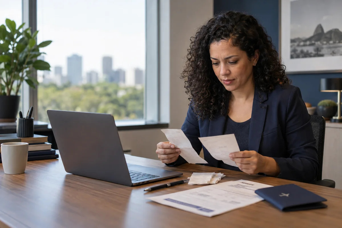 Cena ilustrativa gerada por IA: profissional do financeiro conferindo comprovantes e documentos de uma viagem corporativa