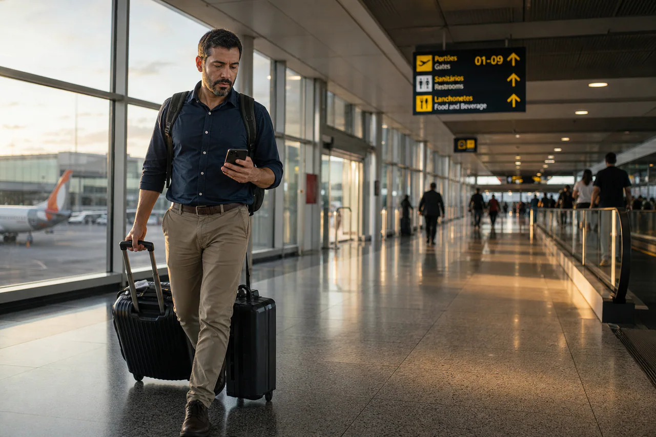 Técnico de campo iniciando uma viagem corporativa urgente
