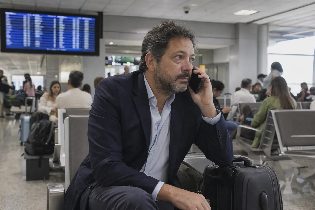 Viajante corporativo recebendo suporte por telefone após uma alteração de voo