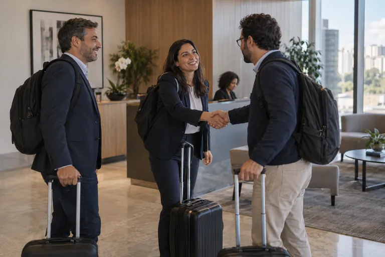 Cena ilustrativa de profissionais de tecnologia reunindo-se em um cliente após a viagem