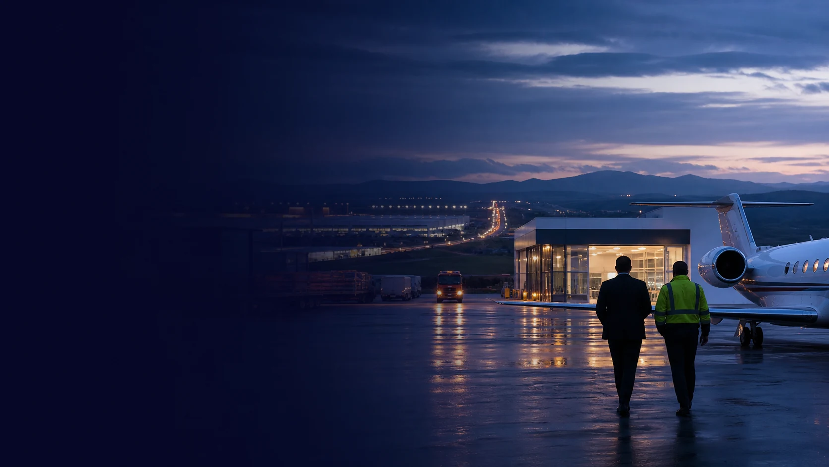 Terminal aéreo, indústria e corredor logístico representando viagens corporativas no Paraná