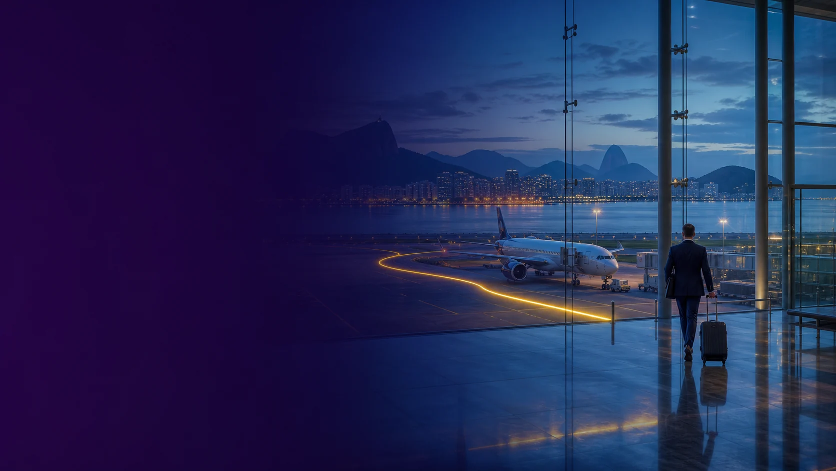 Aeroporto, Baía de Guanabara e mobilidade executiva representando viagens corporativas no Rio de Janeiro
