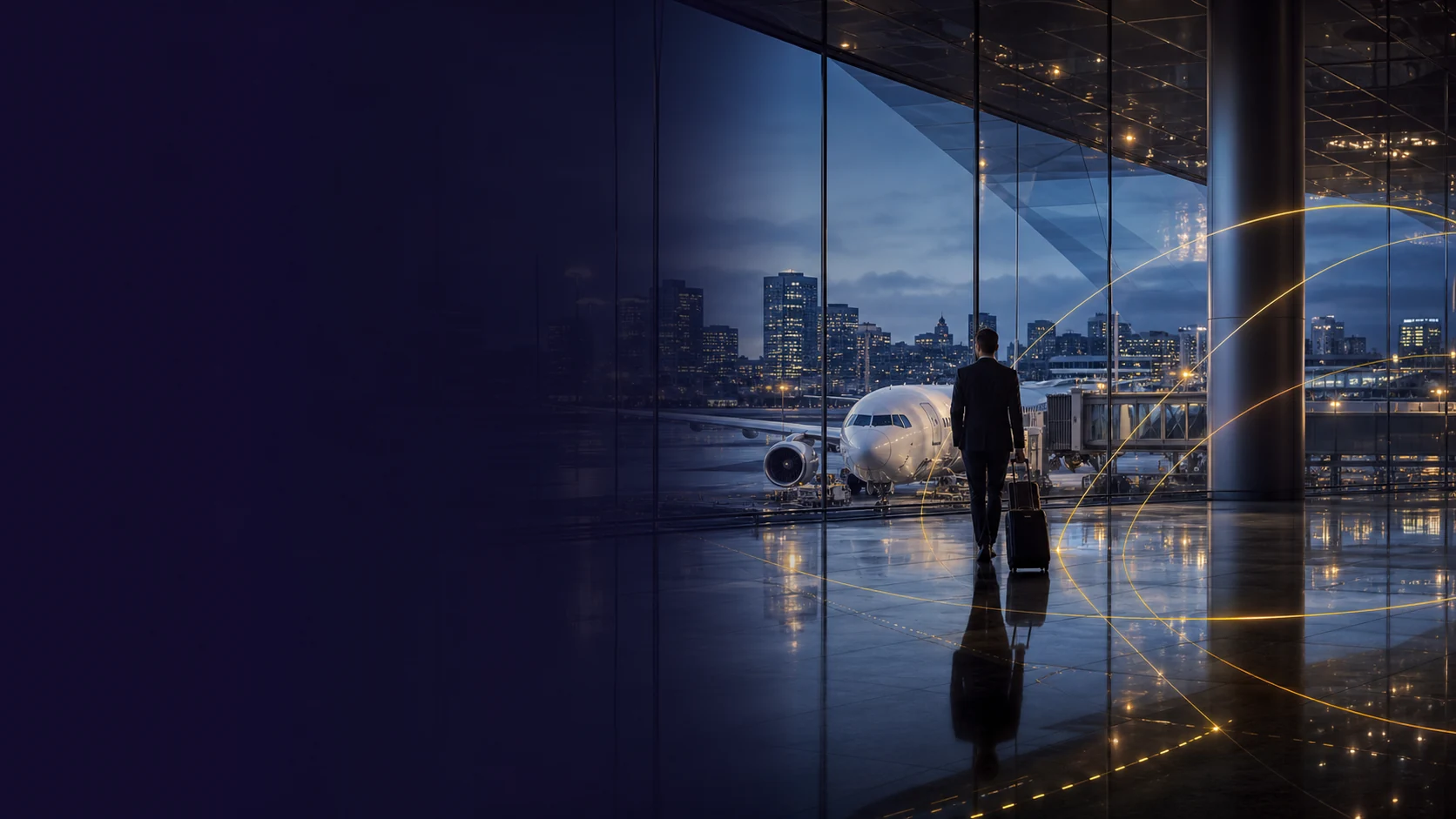 Terminal aéreo e corredor empresarial representando viagens corporativas em São Paulo