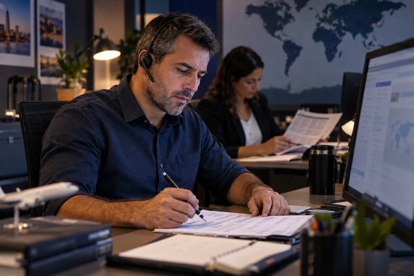 Cena ilustrativa de um profissional de viagens com headset conferindo um roteiro para coordenar uma alteração