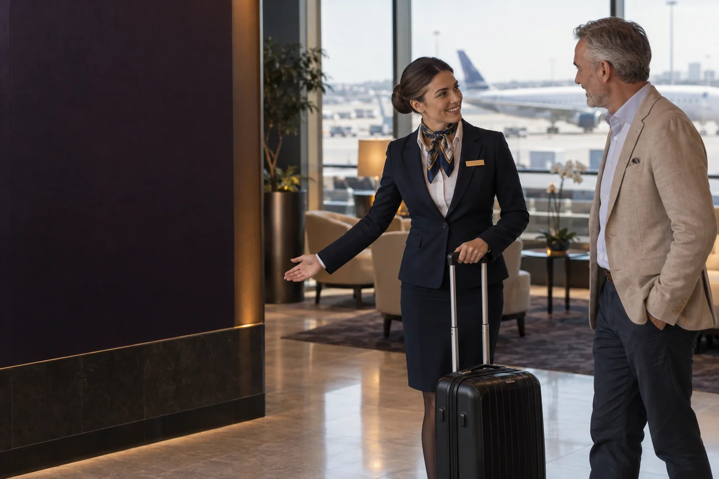 Cena ilustrativa de uma profissional de recepção acolhendo um executivo e cuidando de sua bagagem no aeroporto