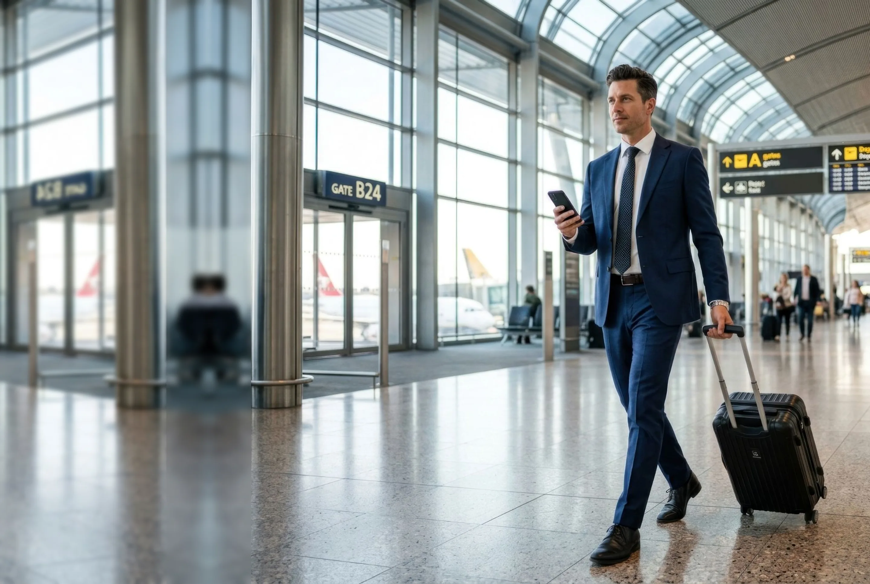 Executivo caminhando em terminal de aeroporto durante uma viagem corporativa