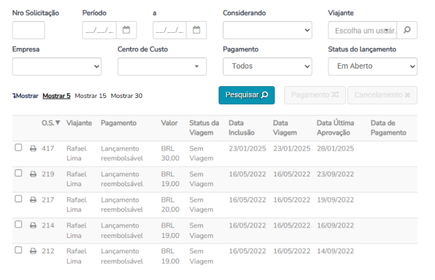 Tela real da solução utilizada pela BRL, com filtros de centro de custo, status, viajante e histórico de lançamentos