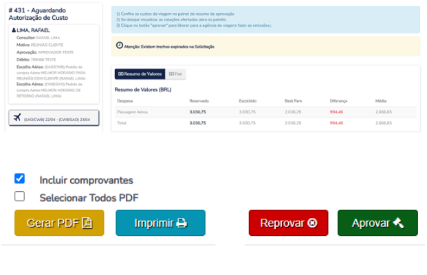 Tela real de autorização de viagem, com resumo de valores e controles para aprovar ou reprovar