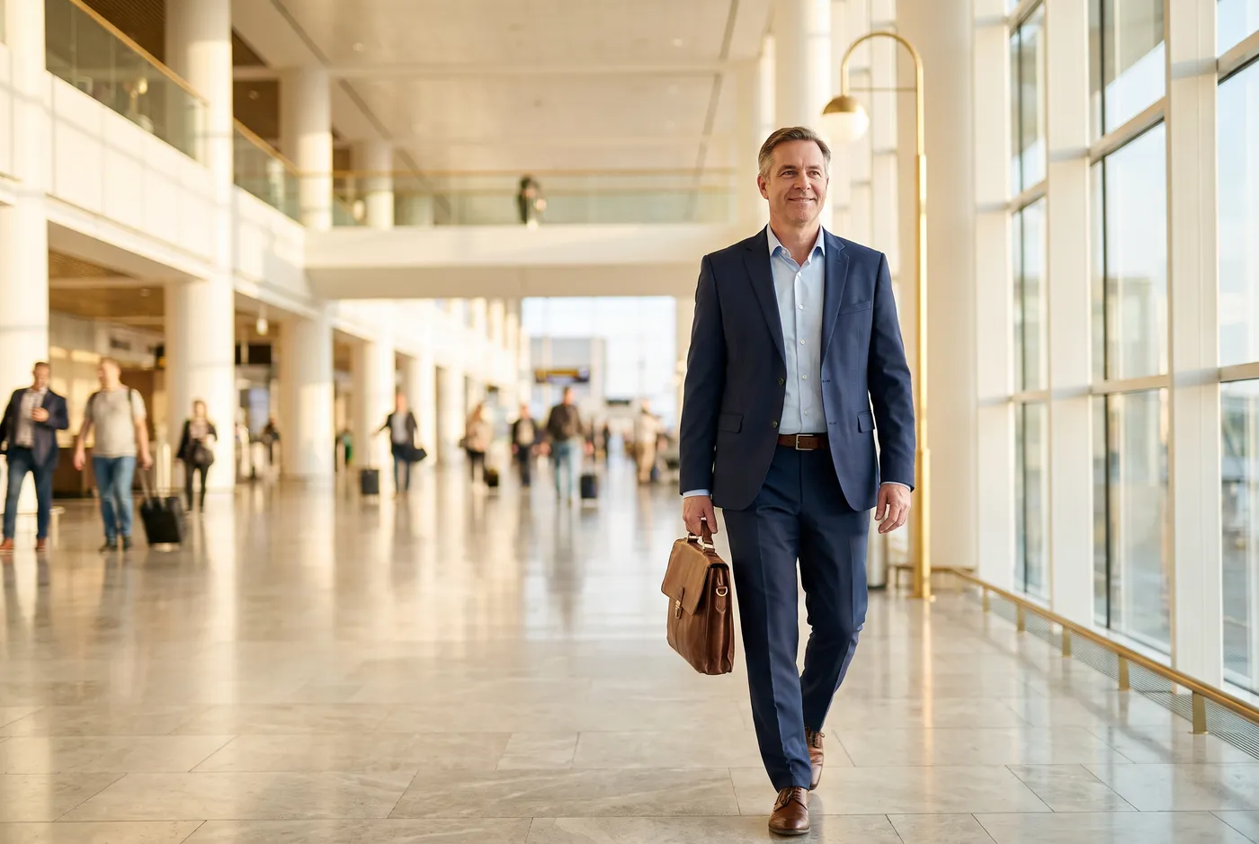 Executivo em viagem corporativa caminhando por um terminal de aeroporto