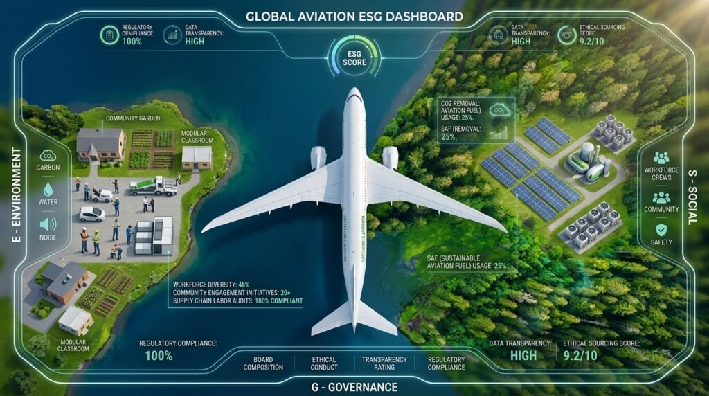 Viagens Corporativas Sustentáveis: ESG e Redução de Emissões em 2026 2 Infográfico ou ilustração sobre aviação sustentável, destacando a compensação de carbono e o uso de aeronaves modernas e eficientes para reduzir o impacto ambiental.